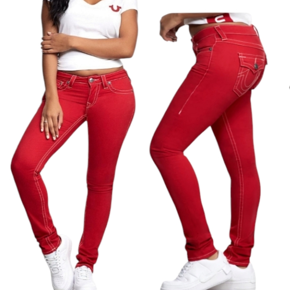 True Religion Stella Low Rise Skinny Jeans Size 27 Red Stretch Denim Logo